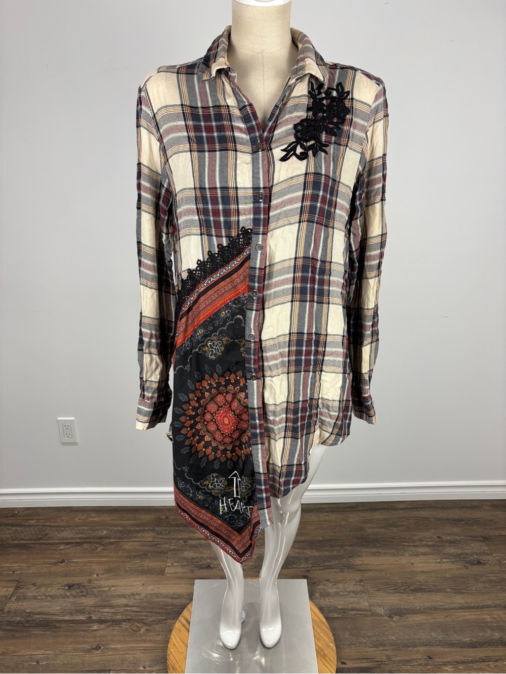 Desigual CAM Asymmetrical Plaid Mixed Media Scarf Hem Lace Button Down Blouse L